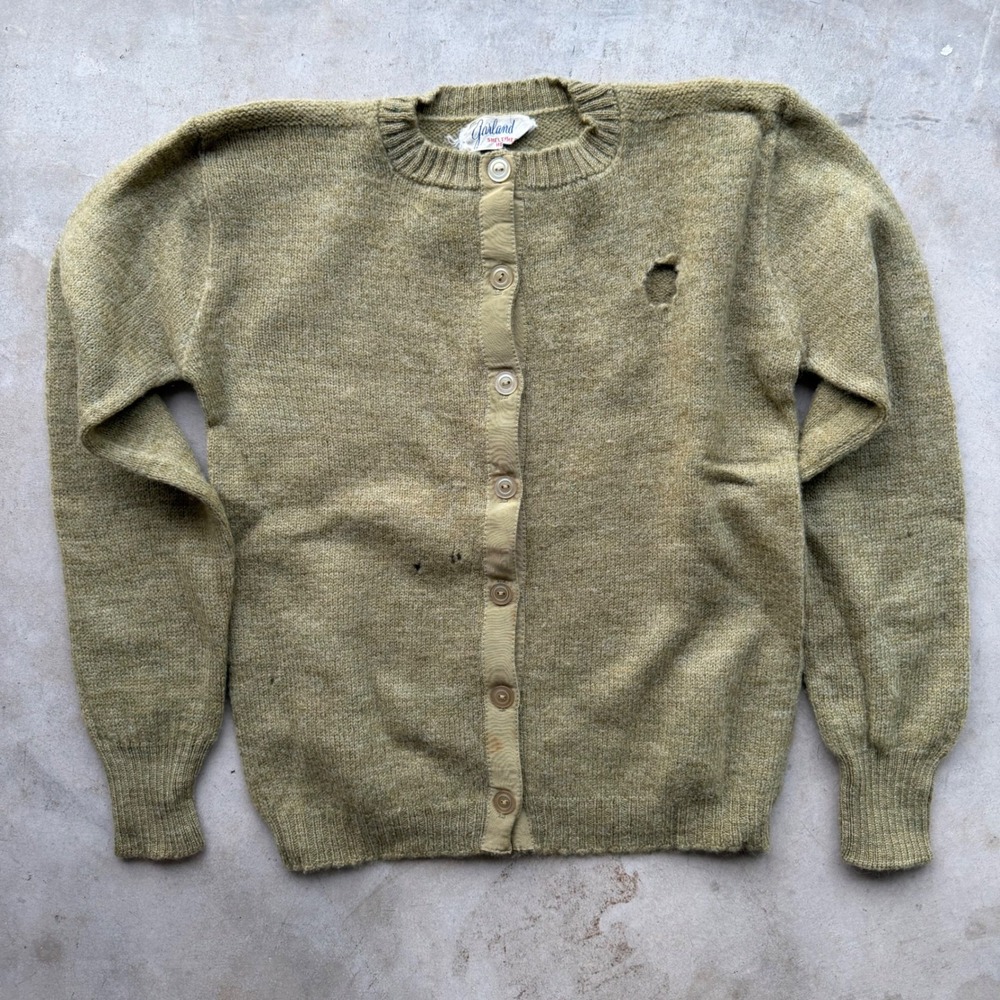 Vintage Garland Shetland Wool Cardigan Green Distressed Crew Neck Sweater